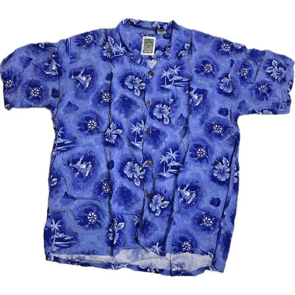 Vintage Mens Nautical Hawaiian Shirt, 90s‎ Blue White Ocean Current Original L - Picture 1 of 5